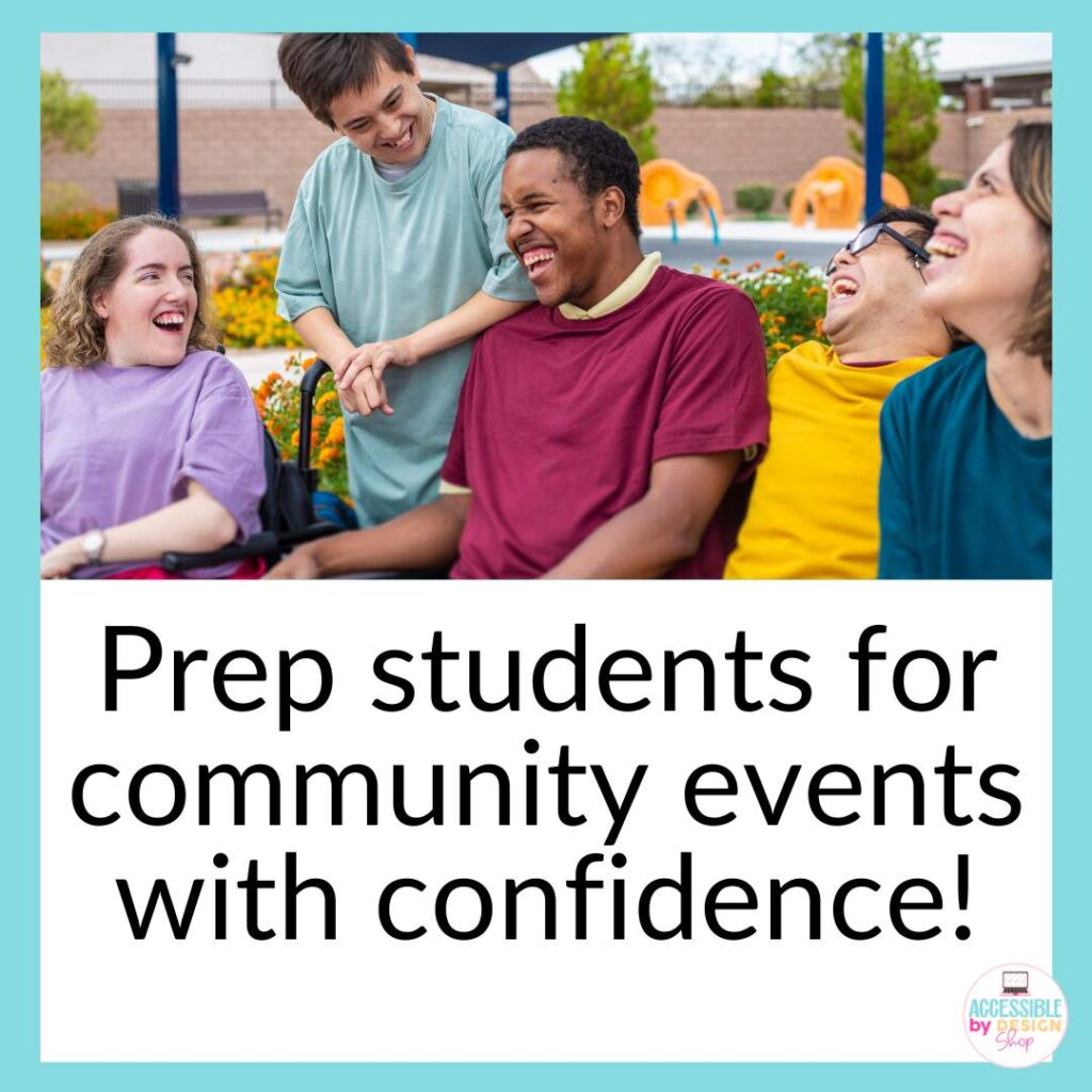 Prep students with disabilities for community events with confidence using functional reading activities featuring a smiling group of students at a community event with a pool in the background.