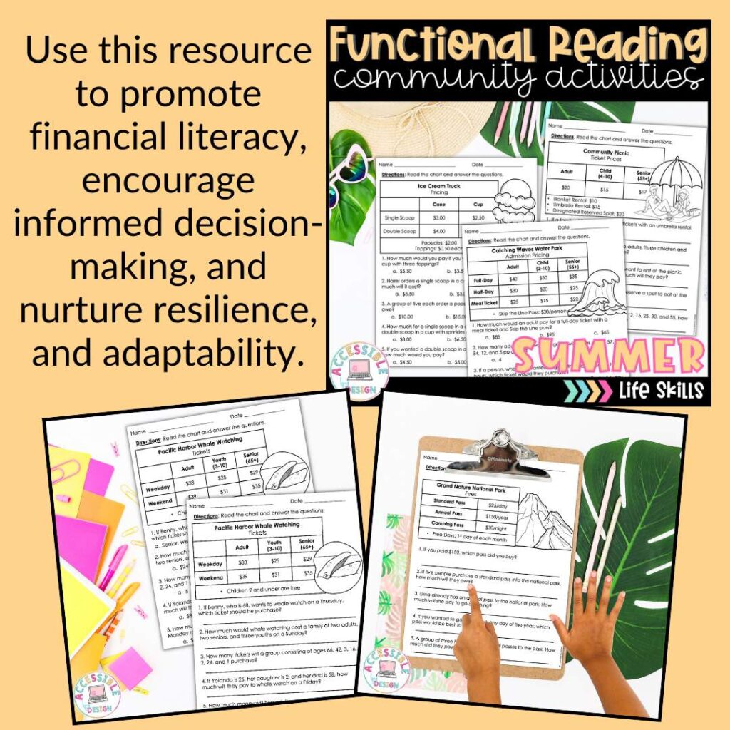 Functional reading price charts for community activities resource for students with disabilities image and text that reads: Use this resource to promote financial literacy, encourage informed decision-making, and nurture resilience, and adaptability.